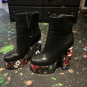 Black Floral Platform Ankle Boots